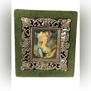 Vintage mid century Italy green velvet printed fabric Victorian lady picture